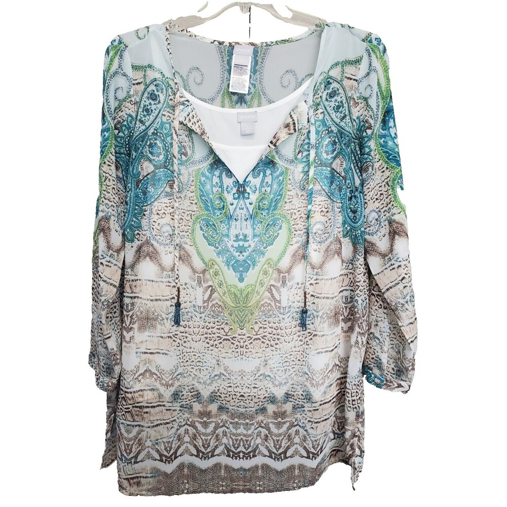 Chico's Paisley Animal Print Tasseled Semi-Sheer Tunic with Shell Size 2 Large